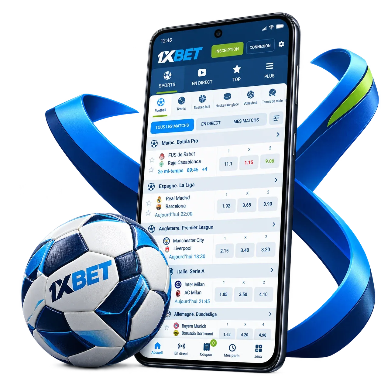 Téléphone présentant une interface illustrative de 1xBet, accompagné d’un ballon de football et de formes bleues.