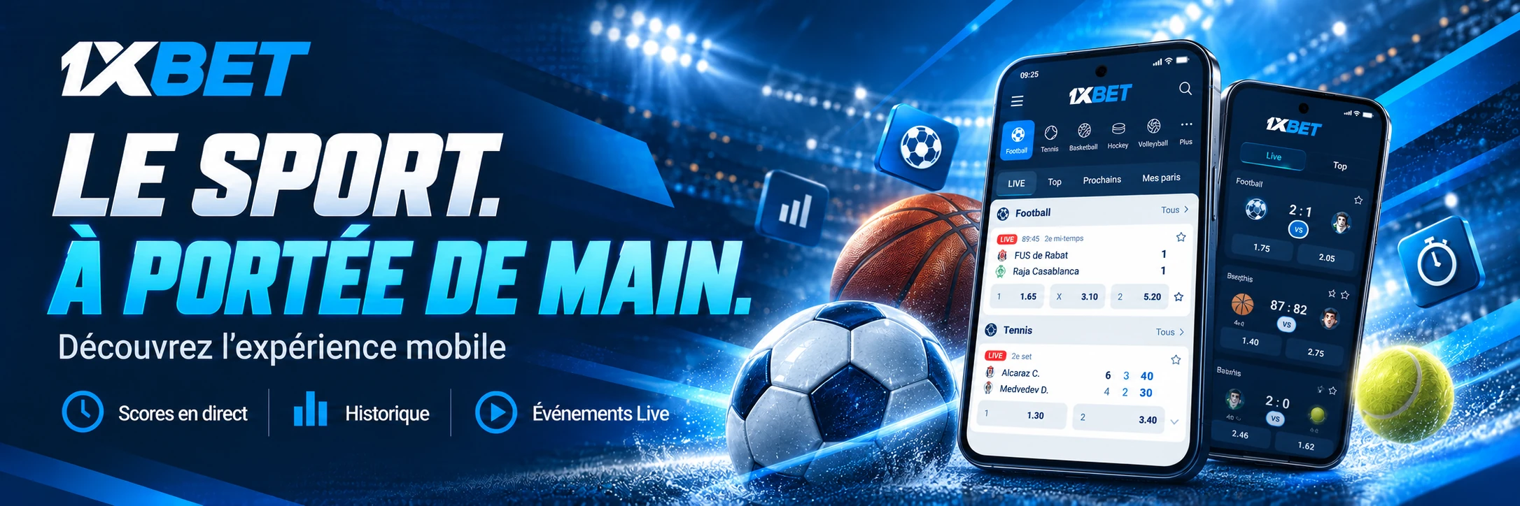 Illustration de l’expérience mobile 1xBet avec deux téléphones et des éléments sportifs.