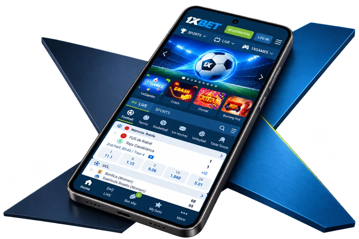Illustration d’un téléphone affichant une interface 1xBet reconstituée, sur des supports en forme de X.